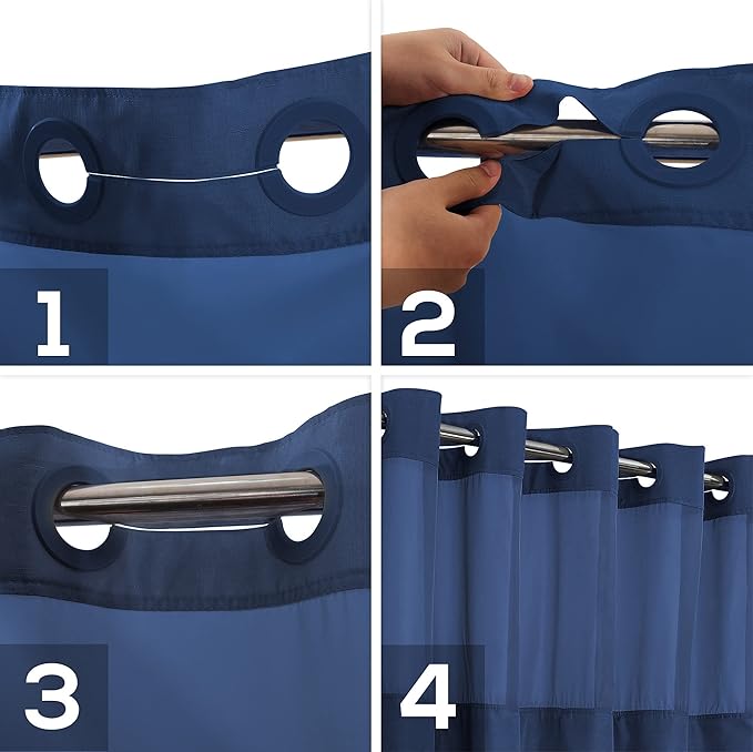 No Hook Slub Textured Shower Curtain with PEVA Liner Set - 71" x 74"(72"), Hotel Style with See Through Top Window, Machine Washable & Water Repellent Fabric, Navy Blue, 71x74