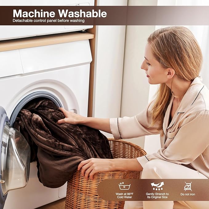 Electric Heated Blanket Twin Size 62”x84”,Soft Warmth Cozy with 5 Heating Settings 10 Hours Auto-Off, One Touch Operation, Machine Washable, Dark Brown