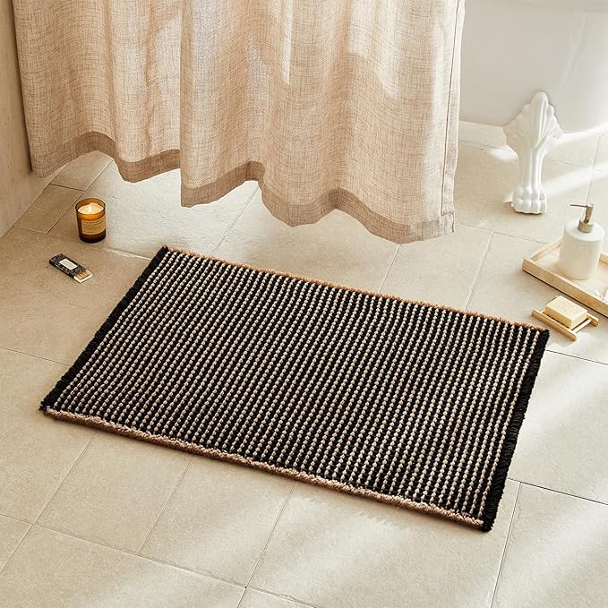 Waffle Bath Mat, Boho Bathroom Rugs Non Slip Washable Super Absorbent Quick Dry Bath Mat Farmhouse Bathroom Decor, 36"x24" Khaki and Black
