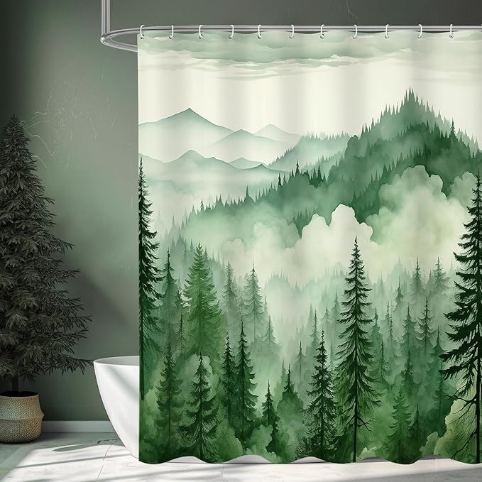 Green Extra Long Misty Pine Forest Shower Curtain 72 x 84, XL Mountain Foggy Woodland Scenery Tree Shower Curtains for Bathroom, Abstract Waterproof Nature-Themed Decor