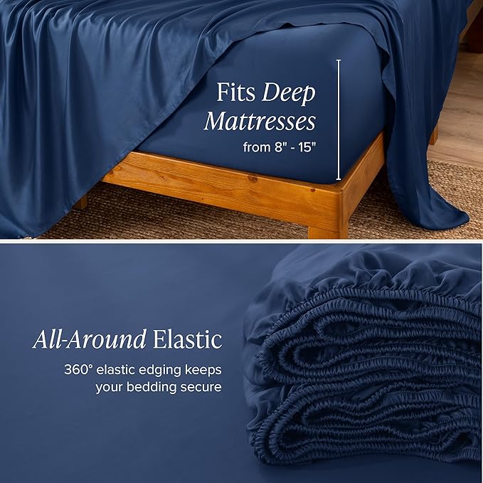 Bare Home 100% Rayon Made from Bamboo Luxury King Sheet Set - 4 Piece Bedding Set - Deep Pockets - Cooling Sheets - Breathable - Easy Fit - Soft Bedding Sheets & Pillowcases (King, Dark Blue)