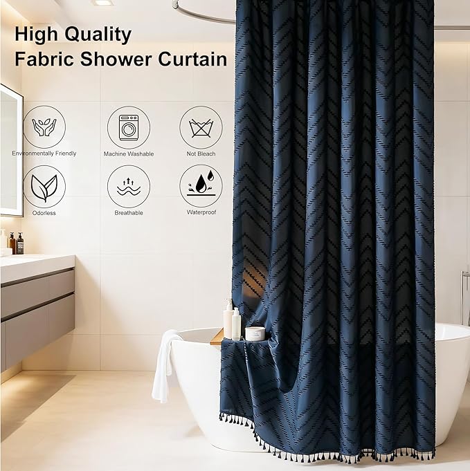 Navy Blue Shower Curtain Fabric Boho Shower Curtain Cloth Textured Tufted Chevron Elegant Shower Curtains Waterproof for Bathroom 72 x 72