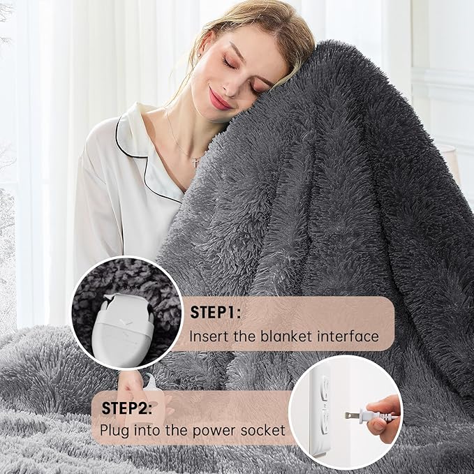 Heated Electric Blanket Twin–Faux Fur with Soft Thick Sherpa,Warm Winter Birthday Gifts for Women Grandma，10 Heat Settings,5 Time Settings with Fast Heating, 62x84, Foggy Dusk
