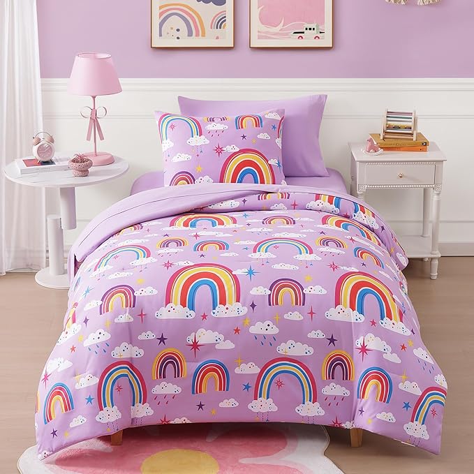 Twin Comforter Set for Girls-5 Pieces Purple Rainbow Glow in The Dark Twin Bedding Sets for Kids, Ultra Soft Bed in A Bag with Sheets