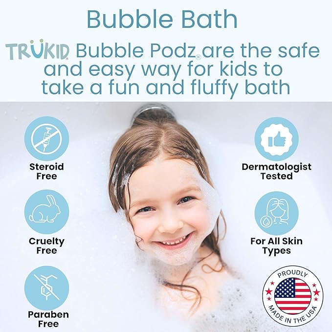 TruKid Bubble Podz Bubble Bath for Kids, Toddlers, & Babies, Tear Free Gentle & Refreshing Bath Bomb for Sensitive Skin with Natural Moisturizers, Non-Toxic, pH Balanced, Lavender Scent (10 Podz)
