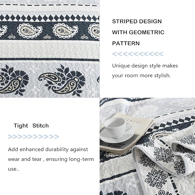 Cotton Comforter Set, Blue Quilts Queen Size, Luxury Striped Bedding Queen Size,Lightweight Reversible Bedspread 3 Piece