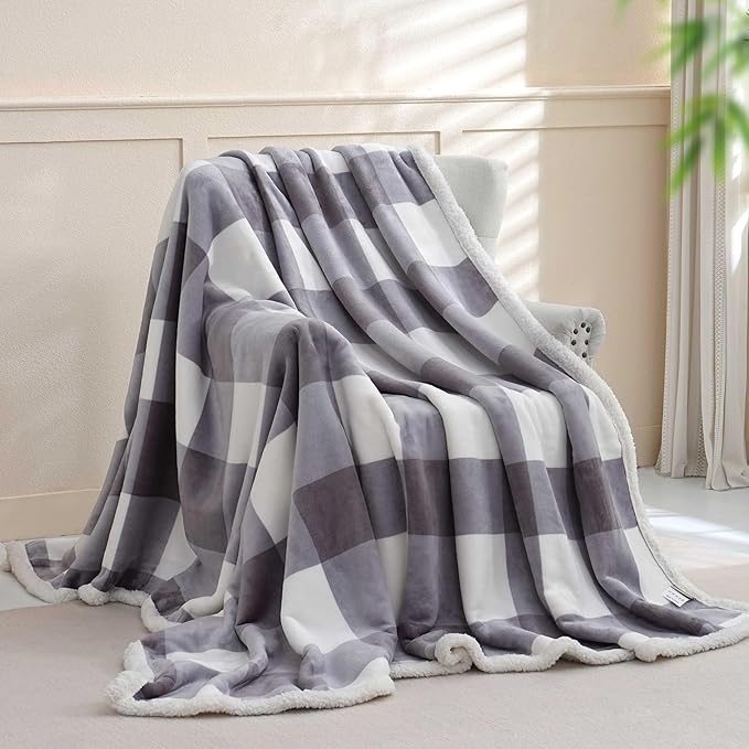 Sherpa Blanket Throw Blanket for Couch Bed Sherpa Fleece Blanket Fluffy Checkered Soft Blanket for All Season Use Cozy Thick Warm Big Throws Twin (Grey-Soft White, 60"*80")