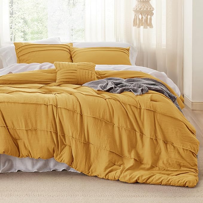 Bedsure Queen Comforter Set - 4 Pieces Pinch Pleat Bed Set, Mustard Yellow Boho Bedding for All Season, 1 Soft Comforter, 2 Pillowcases, 1 Decorative Pillow