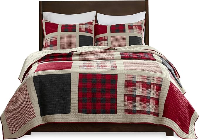 Woolrich Reversible Quilt Cabin Lifestyle Design - All Season, Breathable Coverlet Bedspread Bedding Set, Matching Shams, Oversized Full/Queen, Huntington Plaid Red, 3 Piece