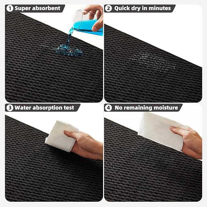 Black Bathroom Runner Rug, Long Bath Mat Washable Thin Quick Dry Low Pile Bathroom Runner Rugs 24 x 60 Non Slip, Black 24''x60''