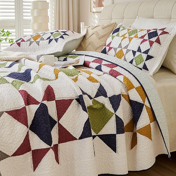 Cmfshape Quilt Sets Bedspread Set 100% Cotton Real Patchwork Bedding Set, All Season Use Lightweight Reversible Coverlet Quilts with 2 Pillow Shams(Queen 90"x90")
