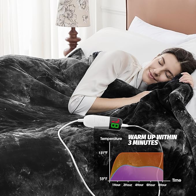 greenoak Heated Electric Blanket Queen, Faux Fur Sherpa Heating Blanket for Sofa Bed, Warm Winter Gifts for Women/Men, Heater Lap Blankets 5-Position Timer &10 Heating Levels 84''*90" Black