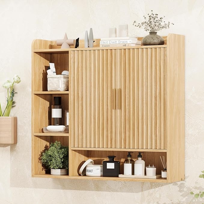 Vabches Fluted Bathroom Wall Cabinet, Wooden Medicine Cabinet Organizer with 2 Doors and Adjustable Shelf, Over The Toilet Storage Cabinet for Laundry Room and Living Room