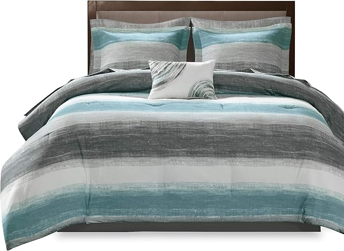 Madison Park Essentials King Comforter Set, Bed in a Bag King, Watercolor Print Coastal Comforter & Chambray Cotton Sheet Set, All Season Bedding Set, Saben, Aqua King (104 in x 92 in) 9 Piece