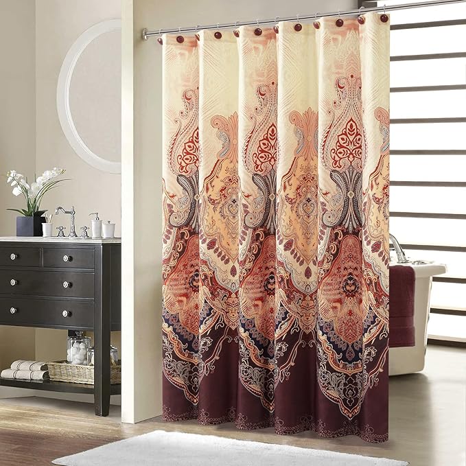 Extra Long Shower Curtain 72x90 Inches, Water Repellent Fabric with Gold and Brown Baroque Pattern, 12 Metal Grommets and Weighted Hem