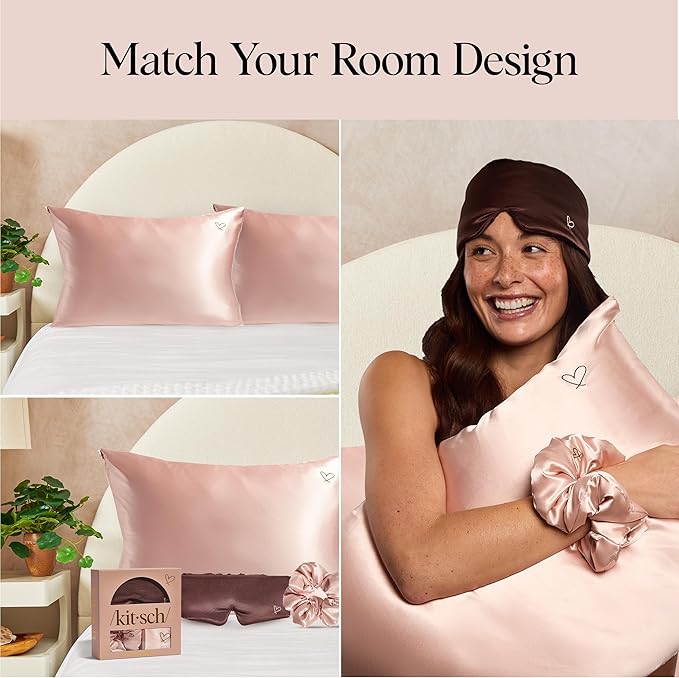 Kitsch Night time Renewal 3PC Sleep Set - Satin Pillowcase with Zipper for Hair & Skin - Softer Than Silk, Queen/Standard Size with Satin Pillow Scrunchie No-Damage Hair Tie and Satin Pillow Eye Mask