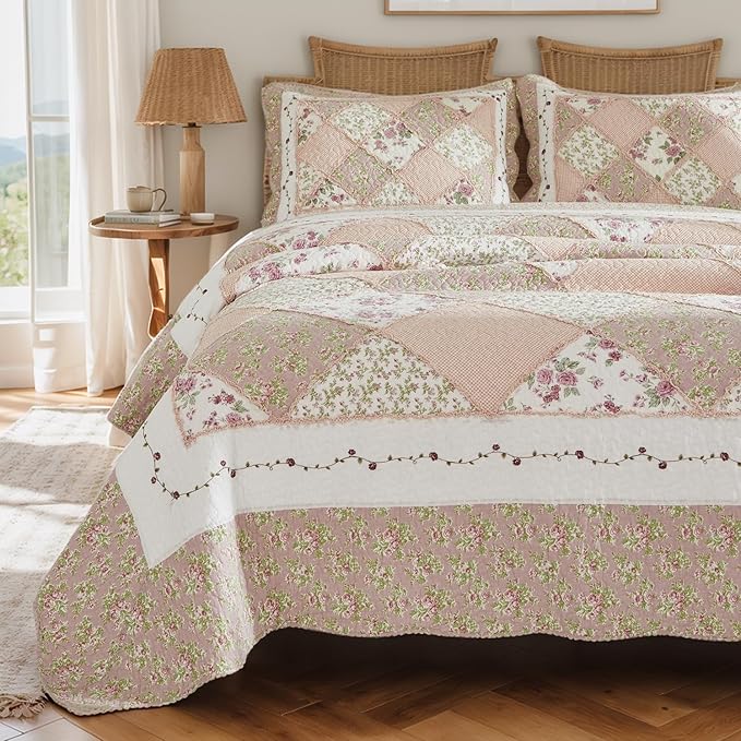 Brandream Queen Size Quilt Set Cotton Patchwork Quilts Blush Pink Country Floral Bedding Patchwork Quilted Comforter Set 3-Piece