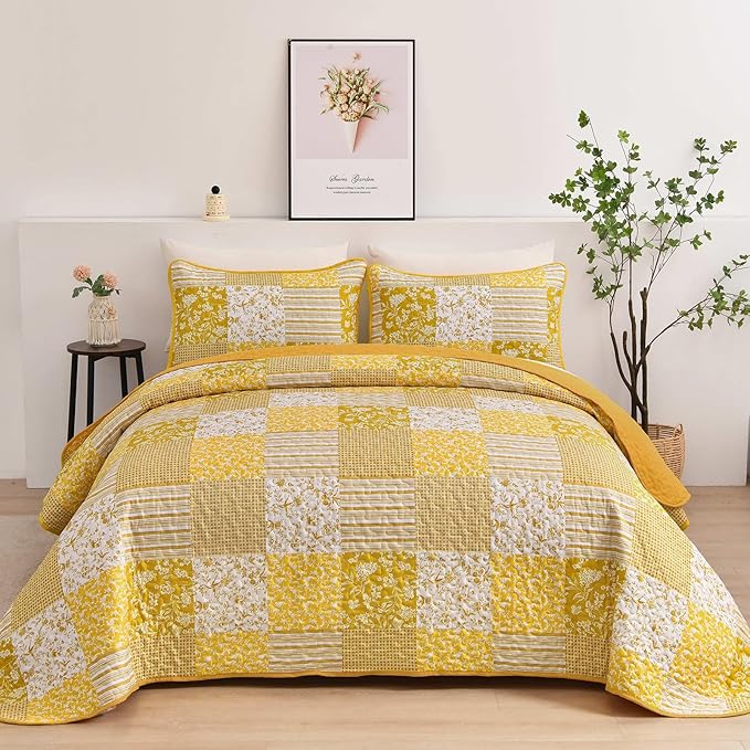 Mybedsoul Yellow Boho Quilt Set King Size,3 Pieces Plaid Floral Bedspread Coverlet Set Summer,Patchwork Reversible Bedding Set King 90"x104"