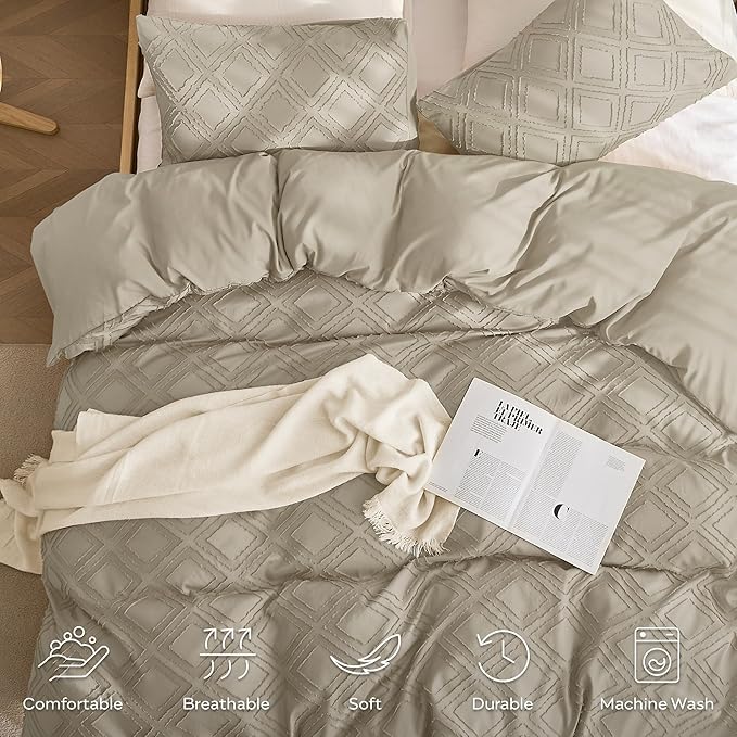 JELLYMONI Duvet Cover Queen Size Khaki - 3PCS Boho Duvet Cover Set Plaid Polyester Tufted Bohemian Jacquard Knit Textured Comforter Cover 90×90in Rhombic Geometric Pattern Zipper Corner Tie
