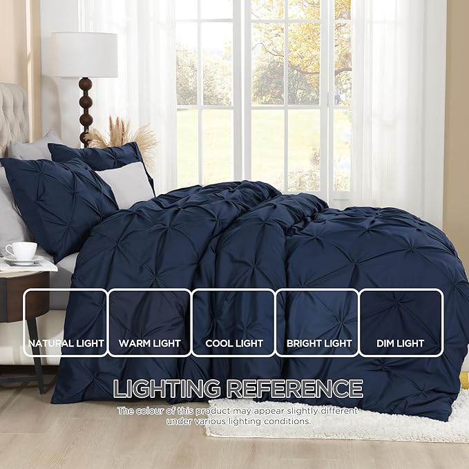 Litanika Navy Blue Oversized King Pinch Pleat Duvet Cover, 3 Pieces Pintuck Cover Soft Microfiber Bedding Set with Zipper Closure & Corner Ties(1 Duvet Cover, 2 Pillowcases)