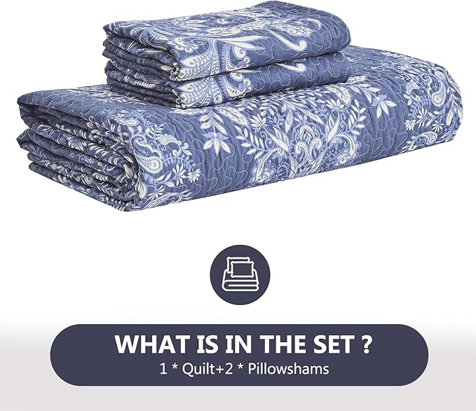 100% Cotton Quilt Set King Size - Damask Pattern Quilted Comforter, Vintage Reversible King Quilt Bedspread, Lightweight Bedding for King Bed, 3pcs, Blue