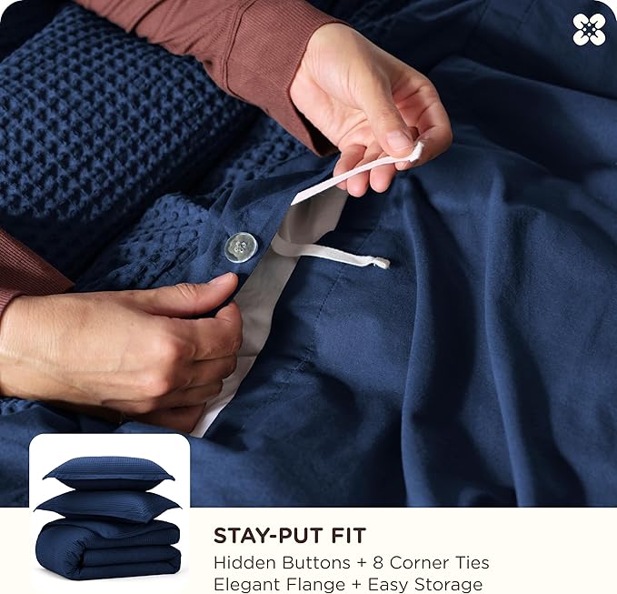 Bedsure Cotton Duvet Cover Queen - 100% Cotton Waffle Weave Navy Blue Duvet Cover Queen Size, GentleSoft™ and Breathable Bedding Set for All Season, 3 Pieces, 90"x90"