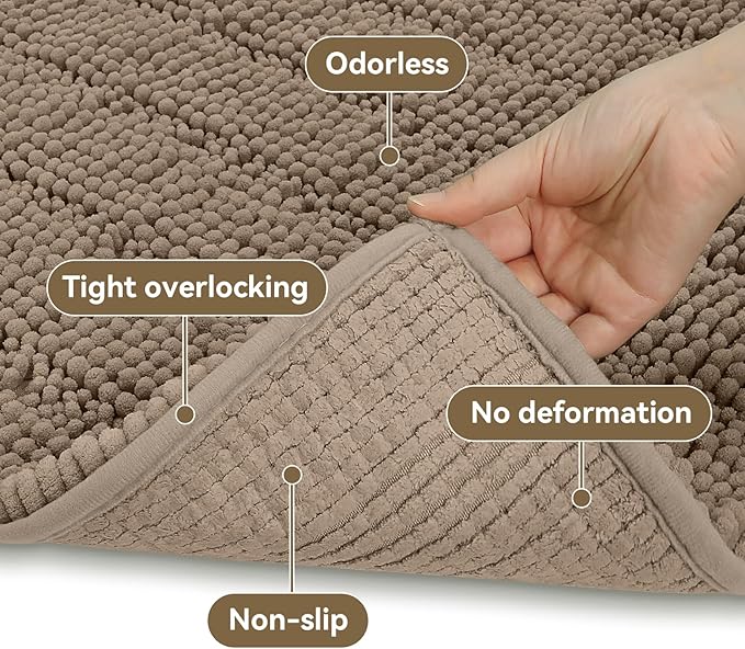 Bcoimo 44"×24" Chenille Bath Mat – Non-Slip with Backing Bath Rug Ultra-Absorbent and Machine Washable Bathroom Mat Quick-Dry Design. Ideal for Bathroom and Tub Areas