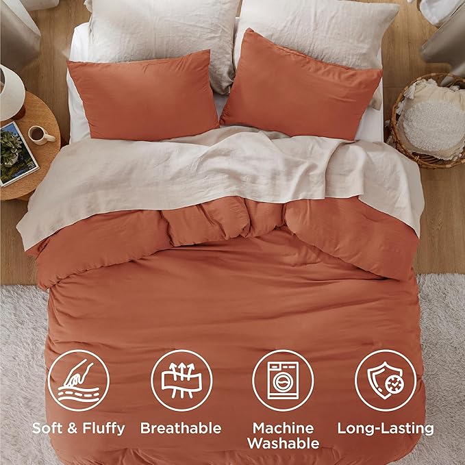 Bedsure Full Size Comforter Set, Burnt Orange Soft Prewashed Bedding for All Seasons, 3 Pieces GentleSoft™ Warm Down Alternative Bed Set, 1 Lightweight Comforter (82"x86") and 2 Pillowcases (20"x26")