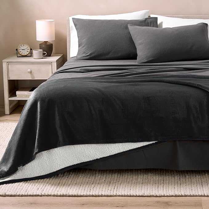 Bare Home Sherpa Fleece Blanket - Throw/Travel Size - Blanket for Bed, Sofa, and Couch - Warm & Lightweight - Fluffy & Soft - Reversible (Throw/Travel, Black)