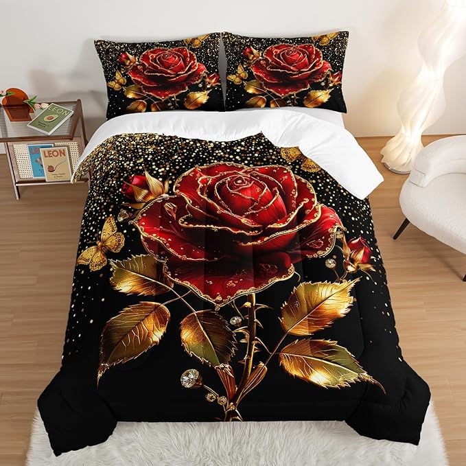 Gold Red Rose Comforter Set Queen Size,Golden Glitter Butterfly Pattern Bedding Set for Girls Women Couple Lover,Romantic Valentine's Day Floral Themed Bedding Set with 2 Pillowcases.