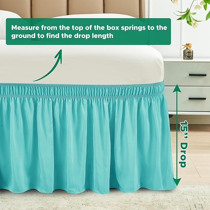 Biscaynebay Wrap Around Bed Skirts for Full & Full XL Beds with 15" Drop, Aqua Adjustable Elastic Dust Ruffles Easy Fit Wrinkle & Fade Resistant Silky Luxurious Fabric Machine Washable