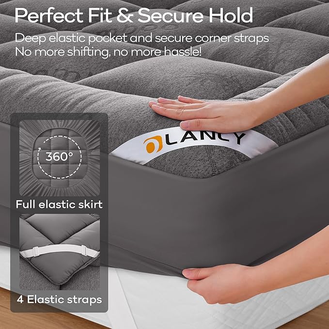 OLANLY King Mattress Topper – Viscose Made from Bamboo, Cooling Soft King Pillow Top Mattress Pad for Back Pain Relief, Plush Down Alternative Fill Bed Topper with Elastic Deep Pocket, Light Gray
