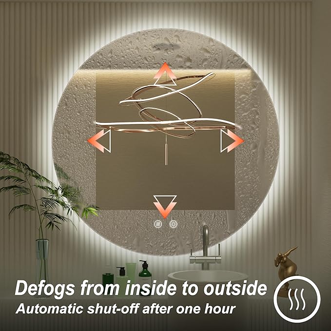 32 Inch Round LED Bathroom Mirror with Light, 3 Color Temperatures (3000K/4500K/6000K), Anti-Fog, Dimmable Backlit, Frameless Round Vanity Mirror with Lights