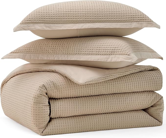 Bedsure Cotton Duvet Cover Full - 100% Cotton Waffle Weave Khaki Duvet Cover Set, GentleSoft™ and Breathable Tan Bedding Set for All Season, 3 Pieces, 80"x90"