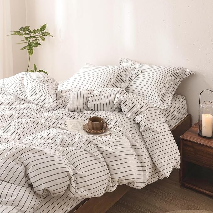 Stripe Duvet Cover King Size 104inch x 90inch, 100% Washed Cotton Linen Feel Duvet Cover, Pinstripe Duvet Cover with Zipper Closure and 2 Pillowcases, Color of White-Dark Grey Stripe