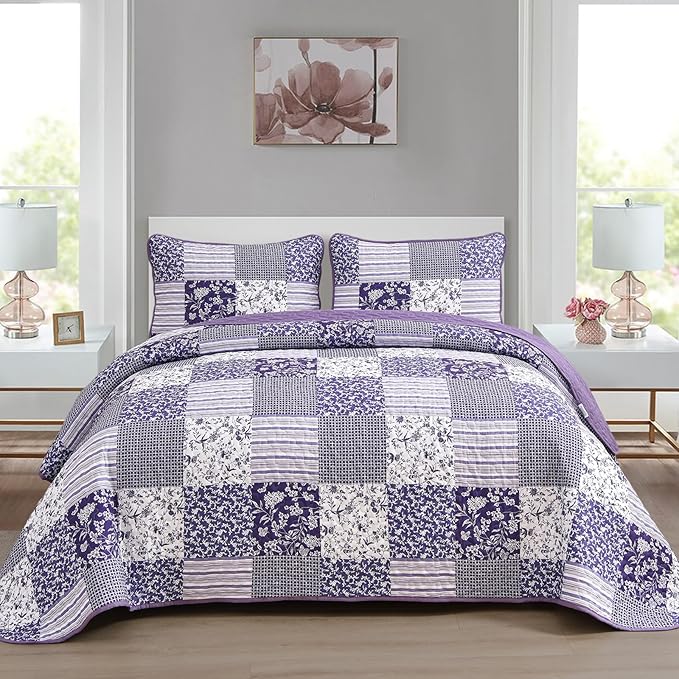 Mybedsoul Purple Quilt Set California King Size, 3 Pieces Boho Plaid Floral Bedspread Set Microfiber Lightweight Bohemian Bedding Bedspread Coverlet Set for All Season 106"x 96"