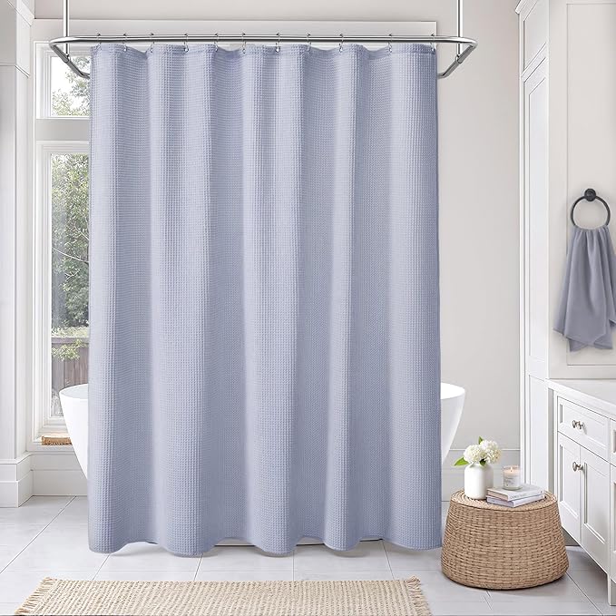 Stall Waffle Shower Curtain - Misty Blue Cotton Fabric Texture Heavyweight Shower Curtain for Narrow Bathroom,Washable,48Wx72L