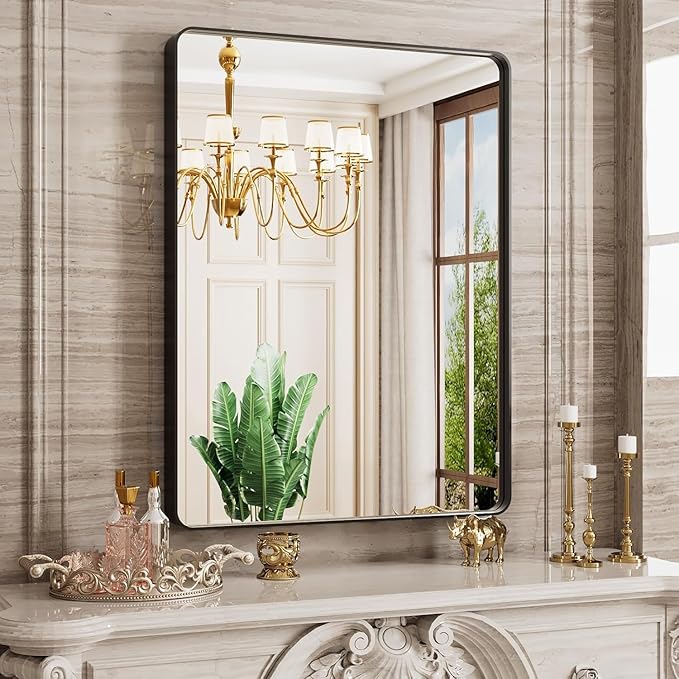 Black Bathroom Mirror, 22x30 Inch Rounded Rectangle Matte Framed Wall Mounted Mirror, Bathroom Vanity Mirror, Tempered Glass, Anti-Rust, Horizontal/Vertical