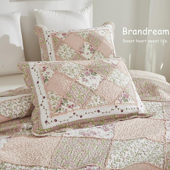 Brandream Queen Size Quilt Set Cotton Patchwork Quilts Blush Pink Country Floral Bedding Patchwork Quilted Comforter Set 3-Piece