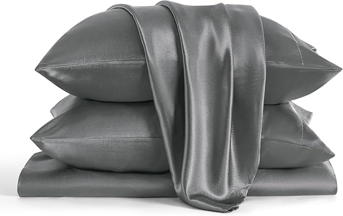 Bedsure Satin Sheets Queen Size - 4 Piece Silky Bedsheets with 15 Inches Deep Pocket Fitted Bedsheet,1 Flat Sheet, 2 Satin Pillowcases, Good for Hair & Skin (Queen, Dark Grey)