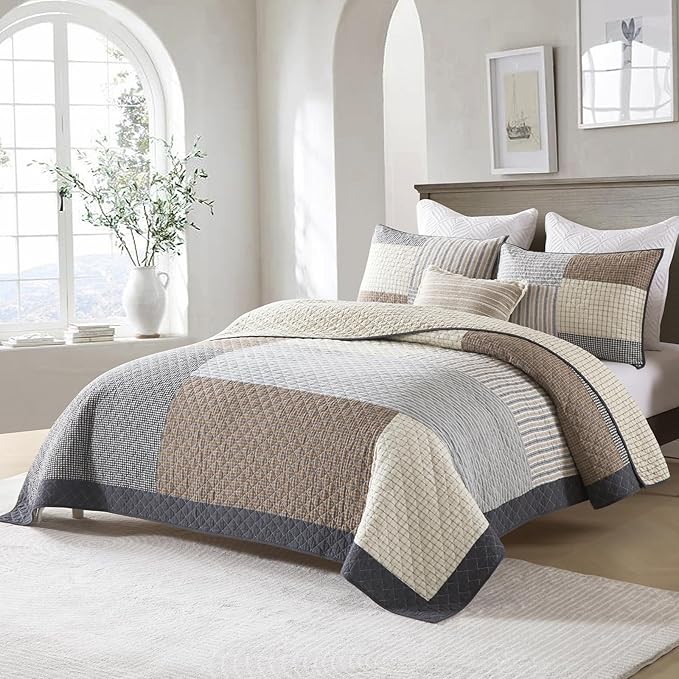 Uniclinens Quilt Set Queen Size, 100% Cotton Quilted Quilt Bedding Set Bedspread, Patchwork Plaid Quilt, Lightweight Quilted Comforter Set, 3 Pieces Set with 2 Pillowshams, Brown/Beige/Gray