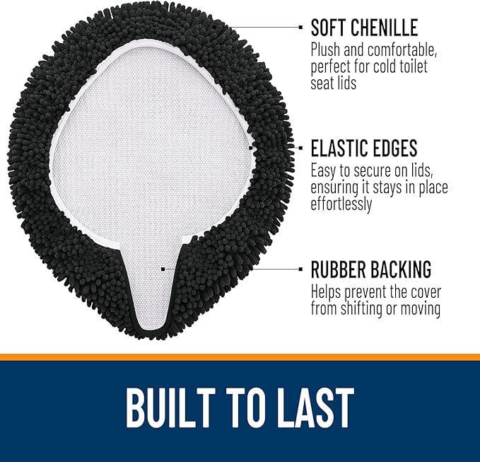 OLANLY Soft Chenille Bathroom Toilet Lid Cover, Machine Washable Seat Covers, 17.5x15, Stays in Place Rubber Backing, Fits Most Round, Elongated and Oblong Lids, Accessories Decor, Black