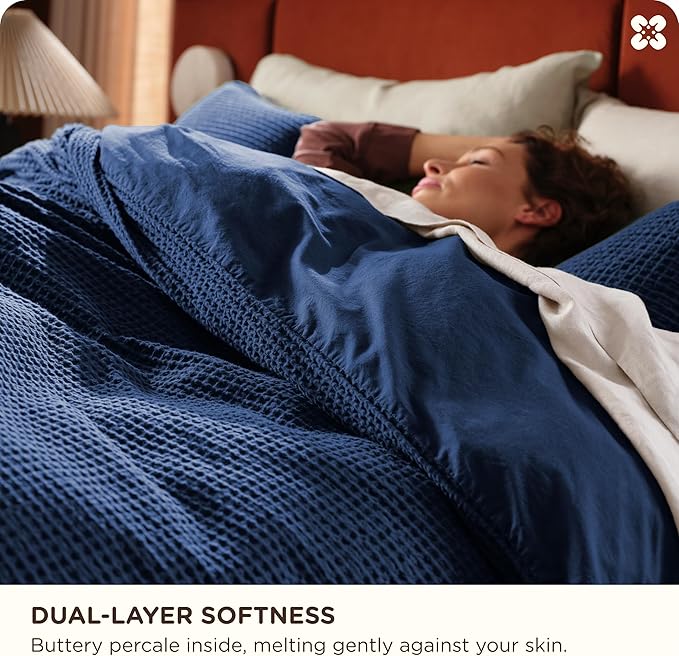 Bedsure Cotton Duvet Cover Set - 100% Cotton Waffle Weave Navy Duvet Cover California King, GentleSoft™ and Breathable Cal King Bedding Set for All Season, 3 Pieces, 104"x98"
