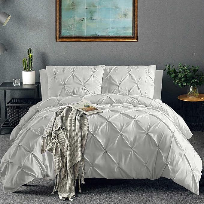 Pinch Pleated Duvet Cover Set 100% Brushed Microfiber 3PC Twin Size 68x90 Duvet Cover Set, Decorative Pinch Design Silver Grey Duvet Cover with Matching Pillow Case
