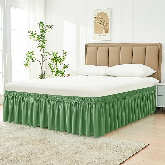 Biscaynebay Wrap Around Bed Skirts for Queen Beds 15" Drop, Sage Adjustable Elastic Dust Ruffles Easy Fit Wrinkle & Fade Resistant Silky Luxurious Fabric Machine Washable