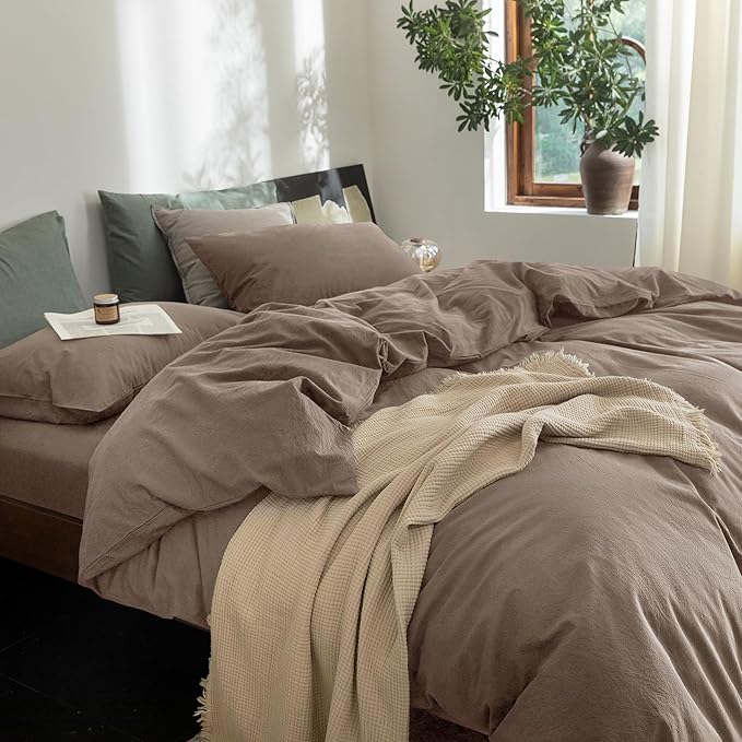 FOSSA Duvet Cover Set 100% Washed Cotton Linen Feel Super Soft Breathable Cozy 3 Pieces Bedding Sets Solid Pale Brown Twin