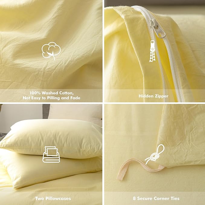 FOSSA Duvet Cover Set 100% Washed Cotton Linen Feel Super Soft Breathable Cozy 3 Pieces Bedding Sets Solid Pastel Yellow Oversized Queen