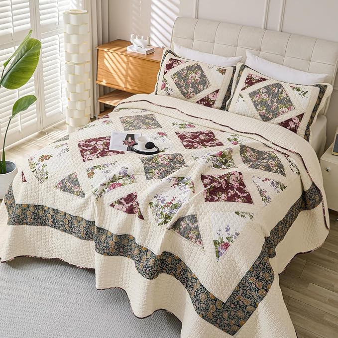 Cmfshape Floral Quilt Sets Bedspread Set 100% Cotton Patchwork Bedding Set,All Season Use Lightweight Reversible Coverlet Quilts with 2 Pillow Shams(Queen 92"x96")