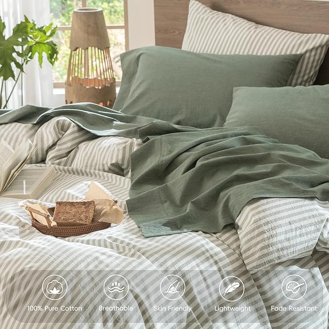 MooMee Bedding Sheet Set 100% Washed Cotton Linen Like Textured Breathable Durable Soft Comfy (Heathered Green, Twin)