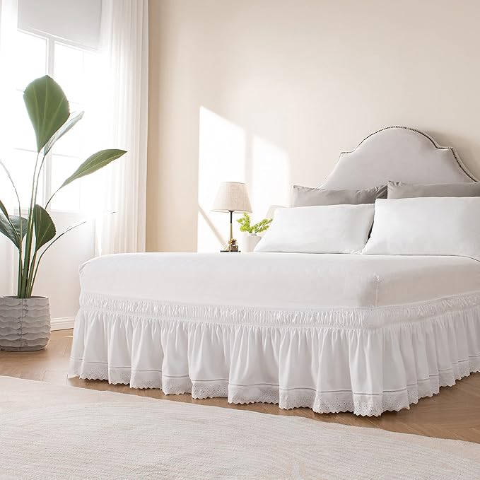 MIYE Wrap Around Ruffled Lace Bed Skirt, Elastic Dust Ruffle with Adjustable Belts,15 Inch Drop Easy to Put On, Bed Frame Cover, Machine Washable (Embroidered, Full/Twin-15)